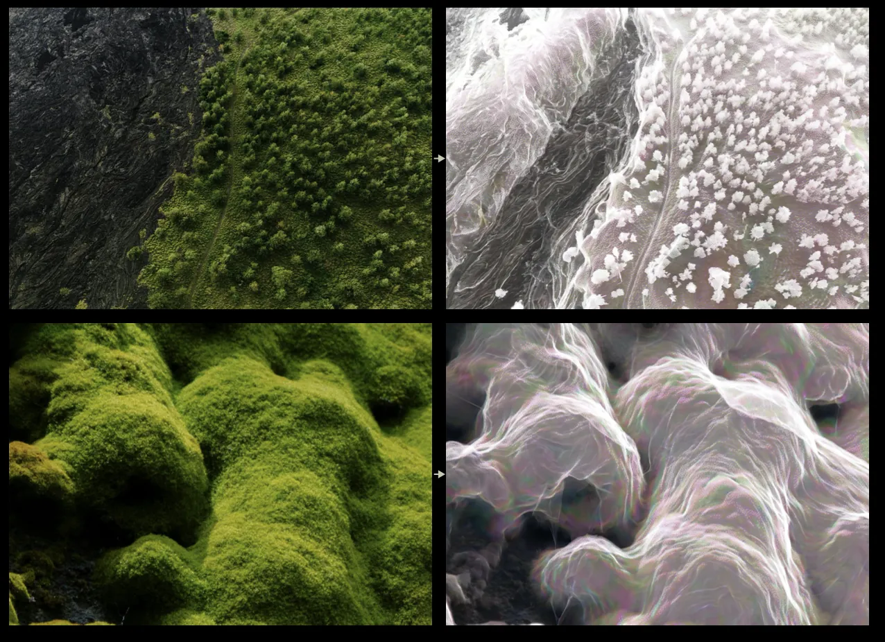 Nature and its opalescent reading: an aerial landscape and moss, decoded