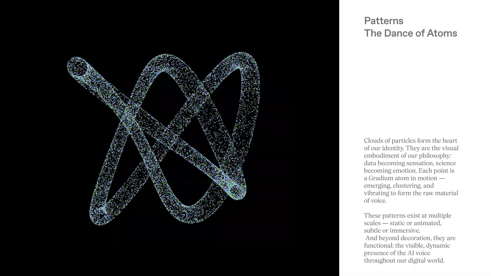 Patterns, the dance of atoms: clouds of Gradium particles